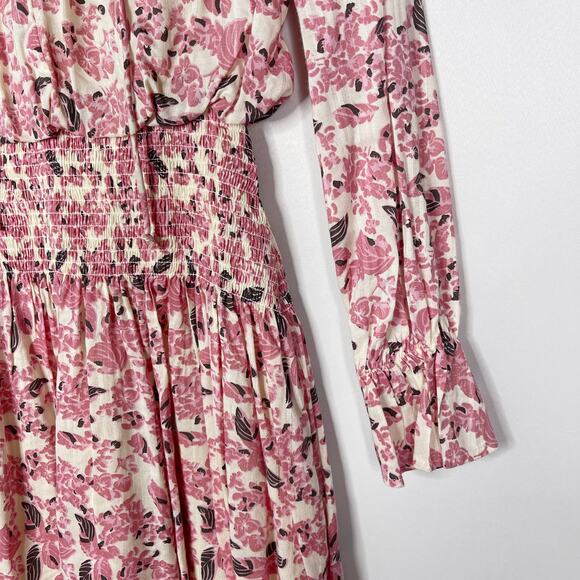 Evereve Roan + Ryan XSmall XS Pink Cream Floral Genevieve Smocked Waist Dress - Picture 6 of 13